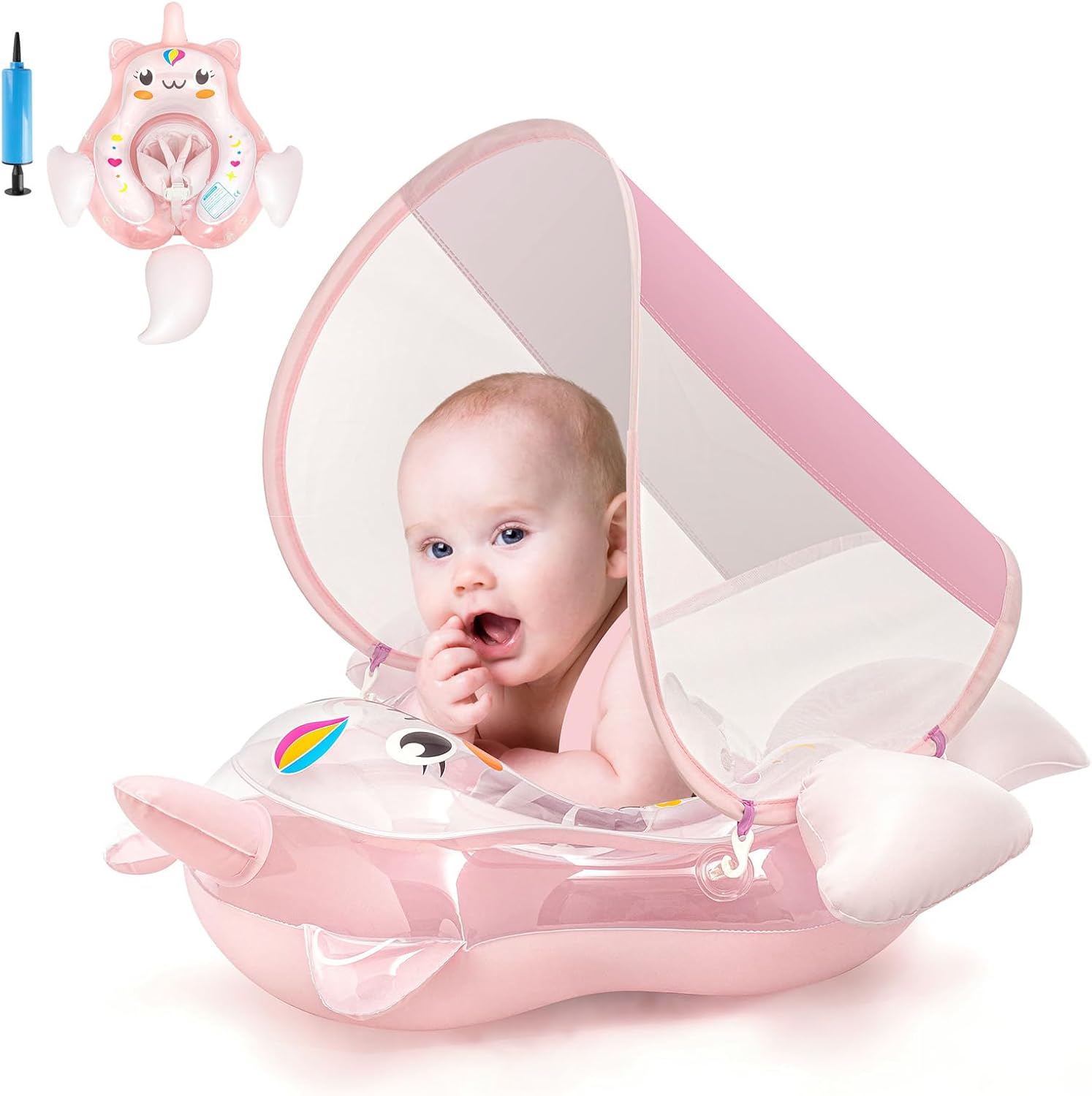 Unicorn Inflatable Baby Float with Canopy 3-6-12 Months Baby Girl Infant Toddler Baby Pool Float Baby Swimming Float Ring, Baby Inflatable Seat Swimming with Shade Canopy for 6-12-18-36 Months Pink