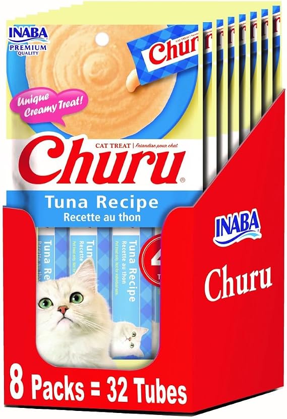 INABA Churu Lickable Puree Natural Cat Treats - Tuna Recipe (4 Servings per Package, 8 Packages) (32 Tubes)