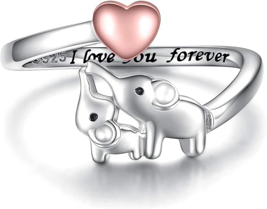 Mom Daughter Elephant Ring 925 Sterling Silver Adjustable Love Heart Finger Rings Pendant for Women Wife Mom Nana Daughter Jewelry Gift