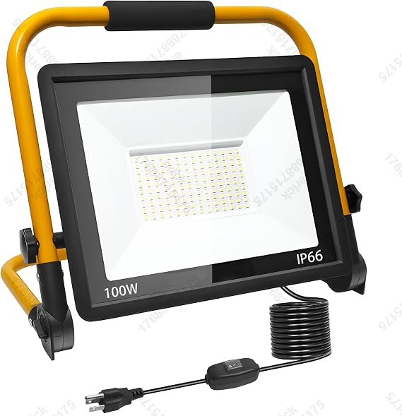 100W LED Flood Work Light 11000LM, 5000K Portable Construction Light with 16.5FT Cord & Switch, Adjustable Stand for Garage Workshop Job Site Repair, IP66 Waterproof