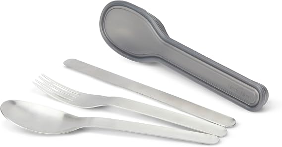 BLACK + BLUM Nesting Cutlery Set 3 Piece Stainless Steel Compact Travel Cutlery Set (Knife, Fork, and Spoon) Portable Tableware with Snap Shut Case, Silver
