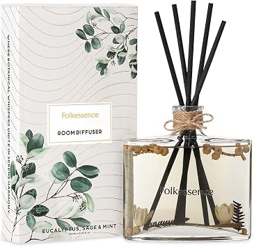 Folkulture Reed Diffusers for Home | 5.07 fl oz Scent Diffuser for Homes with 5 Diffuser-Sticks | Accessories for Bathroom Decor | Fragrant Diffusers for Gifts for Her | Eucalyptus, Sage & Mint
