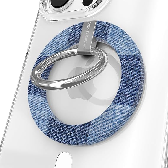 VELVET CAVIAR Compatible with MagSafe Phone Grip - Magnetic Ring Holder with Adjustable Stand - Removable MagSafe Accessories for iPhone 16, 15, 14, 13, 12 (Blue Denim Vibe Checkered)