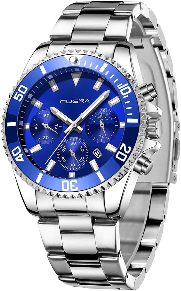 OFFCUP Mens Watches, 50MM Stainless Steel Watch, Waterproof Analog Quartz Watch with Automatic Date, Business Casual Fashion Multi-Function Dial Men's Wrist Watches