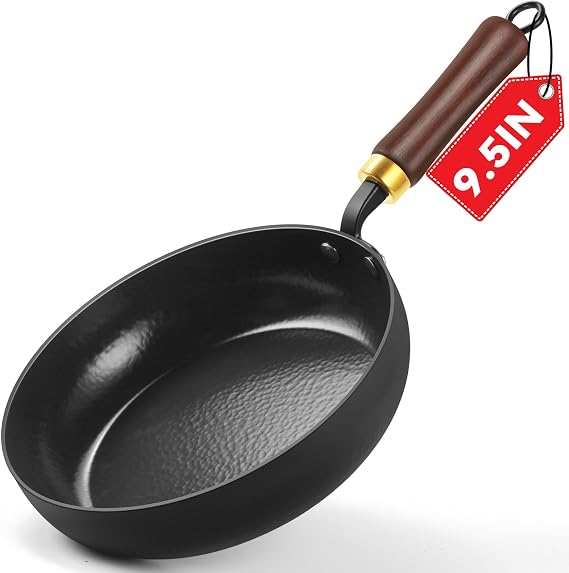 Enameled Carbon Steel Skillet, 9.5-Inch Nonstick Frying Pan, Stay-Cool Wooden Handle, Non Toxic, PTEE & PFOA Free Oven-Safe, Season-Free Carbon Steel Pan