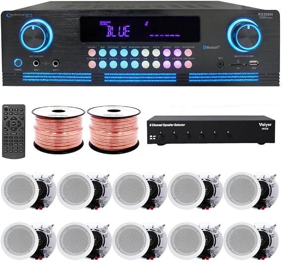 Vaiyer Home Audio System Kit - 2000 W Bluetooth Amplifier w/ 10 Qty of 5.25" Framed Ceiling Speakers 175 W Each, 6-Ch Speaker Selector, 500 ft Speaker Wire & Remote for Home, Office, Restaurant