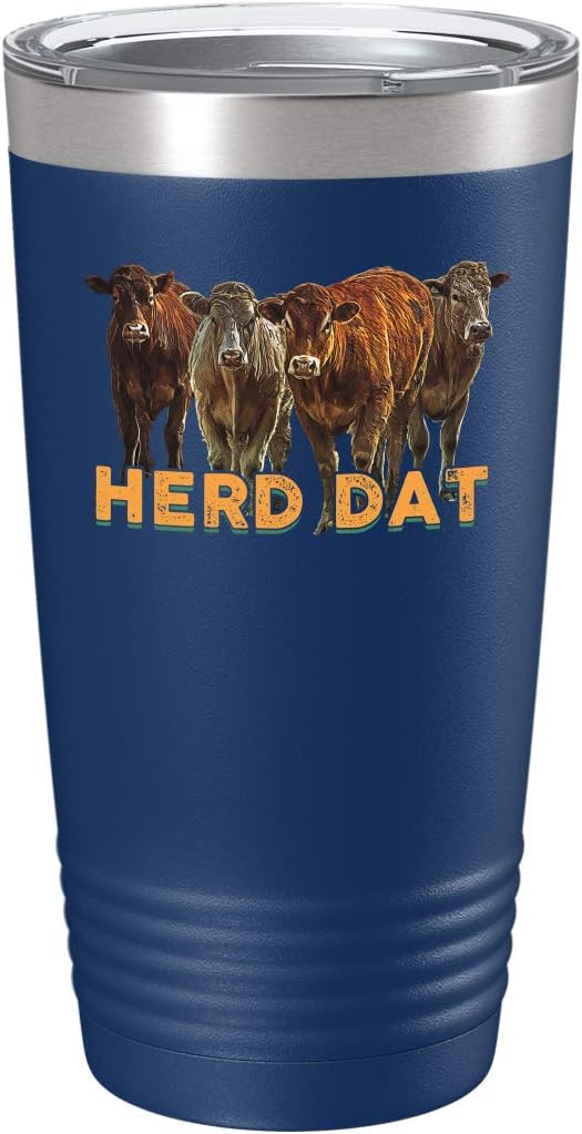 Cow Farmer Tumbler - Herd Dat Cow Pun Cup - 20oz Blue Vacuum Insulated Stainless Steel Coffee Mug for Farmers & Ranchers