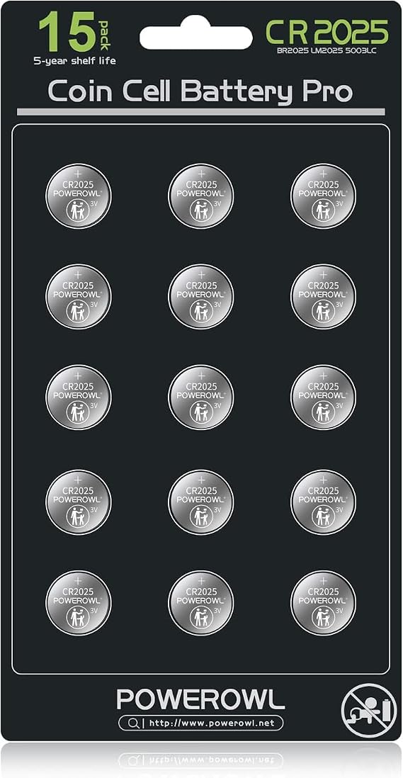 POWEROWL High Capacity CR2025 Battery (15-Pack) 2025 3v Lithium Batteries, 10 Years Leak-Free