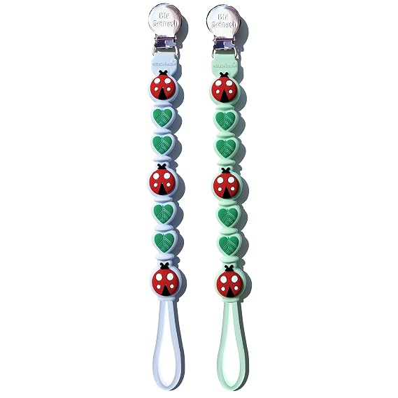 Baby Pacifier Clip, Ladybug Silicone Holder for Teethers & Toys (Green+Blue | Secure metal clasp Helps prevent drops Fits most baby essentials Lightweight for home, stroller & travel