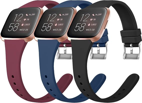 Tobfit Pack 3 Slim Bands Compatible with Fitbit Versa 2 Bands/Fitbit Versa/Fitbit Versa Lite/SE, Silicone Replacement Smartwatch Wristband for Women Men, Large, Black/Navy Blue/Wine Red