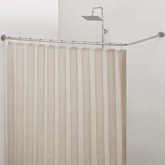 Corner Shower Curtain Rod, [24"-37"] x [24"-37"] Adjustable L Shaped No-Sagging 90 Degree Curved Curtain Rod for Bathroom with 12 Ring Hooks & Ceiling Support - Brushed Nickel