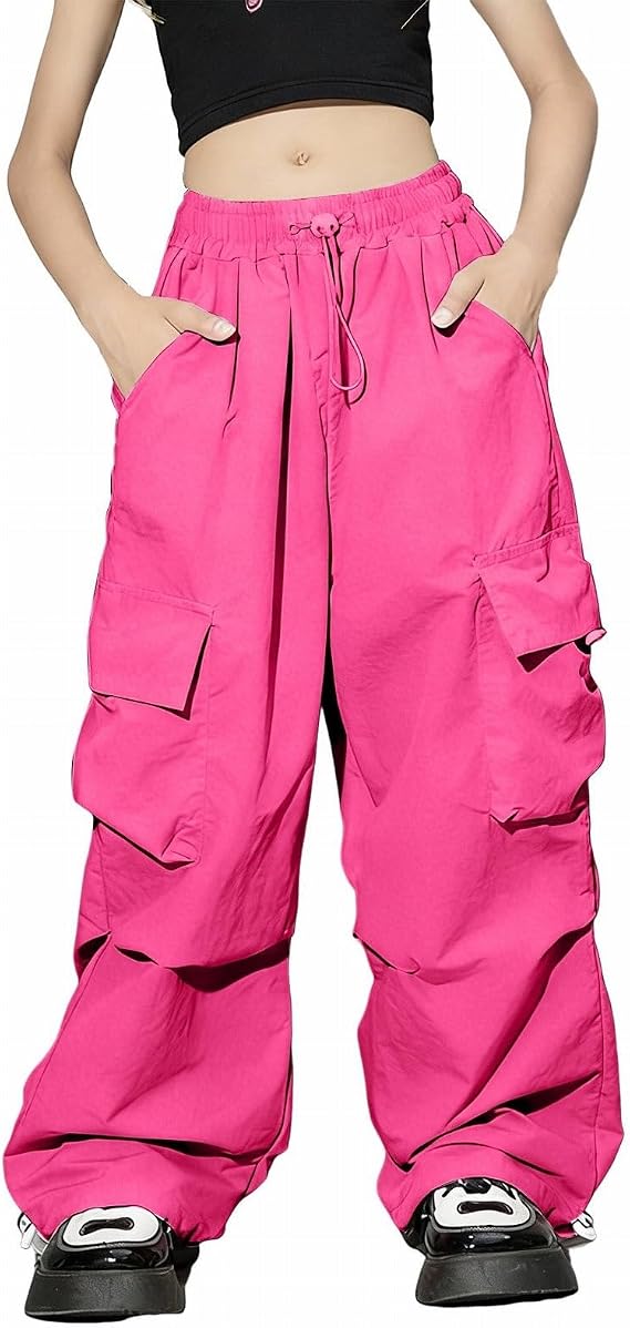 Girl's Baggy Cargo Pants Elastic Waist Straight Wide Leg Denim Pants Flap Pockets Drawstring Tween Kids Casual Trouser Dance