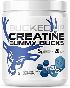 Bucked Up Creatine Gummy Bucks Blue Blast | 5g Creatine Monohydrate per Serving | Non GMO Gluten Free Vegan Creatine Gummies | Chewable Creatine Supplement (20 Servings)