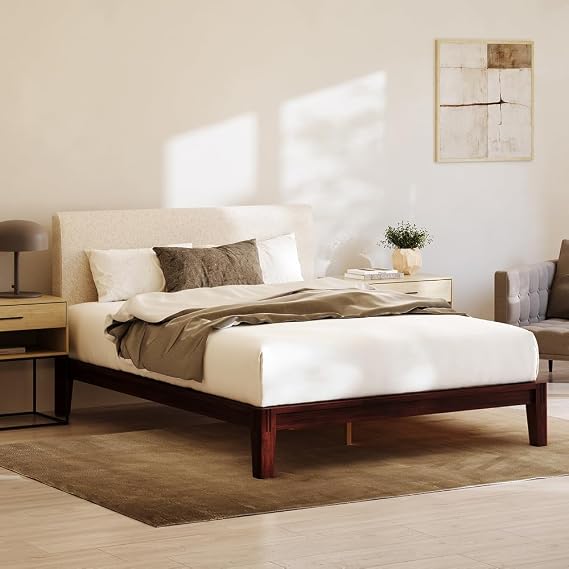 Nectar Bamboo Platform Bed Frame & Upholstered Headboard - Twin XL - Walnut/Linen - Floating Center Support Legs - 12 Height - Easy Tool Free Set Up - Sturdy Wooden Slats - Holds Up To 500 lbs