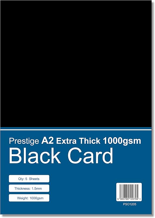 Black Card A2 Extra Thick 1000gsm - 1.5mm Thick Mounting Craft Card - 5 Sheets