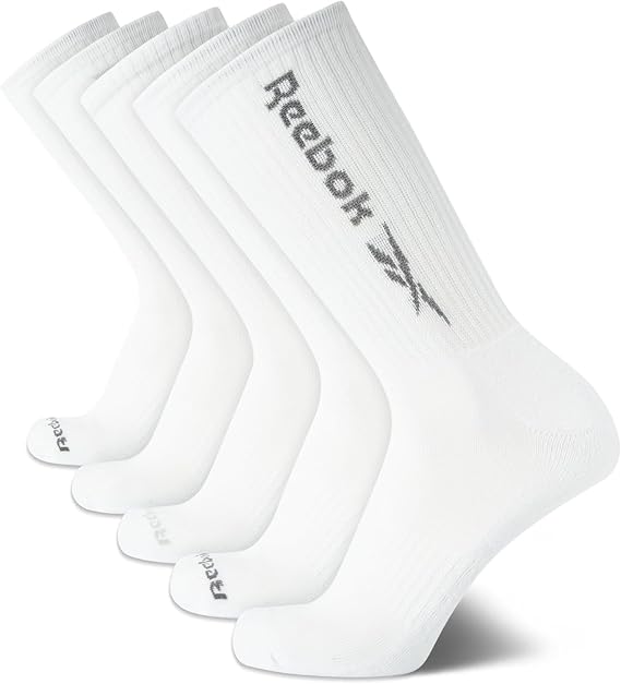 Reebok Mens Crew Socks - Moisture Wicking Athletic Cushioned Socks, 5 Pack | Stretch Performance, Reinforced Heel & Toe, Arch Support, Mid Calf Stay-Up Cuff, Shoe Size 6-12.5