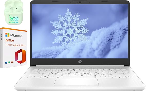 HP 14" Business & Student Laptop with 1-Year Microsoft Office 365, 4-Cores Intel Processor, 320GB Storage (64GB SSD+256GB SD Card), 8GB RAM, Windows 11, PLUSERA Earphones, Snowflake White
