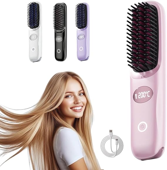 Glow Wave Heated Brush for Short Hair, Hot Comb Hair Straightener Brush, Portable Cordless Hair Straighteners with LED Temperature Display, 3 Heat Settings, for Travel and Everyday Use (Pink)