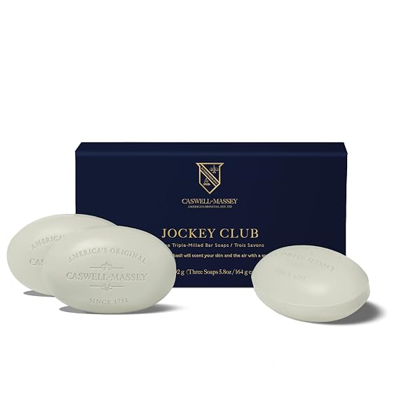 Caswell-Massey Mens Bar Soap Gift Set Jockey Club Scent Triple-Milled Moisturizing Body Soap Bars for All Skin Types, Plant-Based Formula with Essential Oils, Made in USA, 3 x 5.8 oz