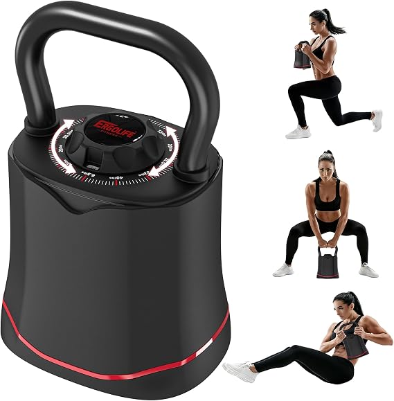 ERGOLIFE 6.5LB-40LB Adjustable Kettlebell Set, 6-in-1 Quick Weight Change, Space-Saving Weight Set for Home Gym Strength Training for Men and Women (Black)