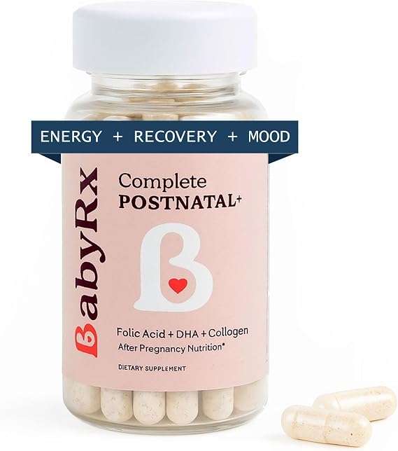 BabyRx Complete Postnatal+, Postnatal Vitamins with Omega-3 DHA, EPA, Collagen, Folate, Iron, 60 Capsules, 30 Servings, OBGYN-Recommended
