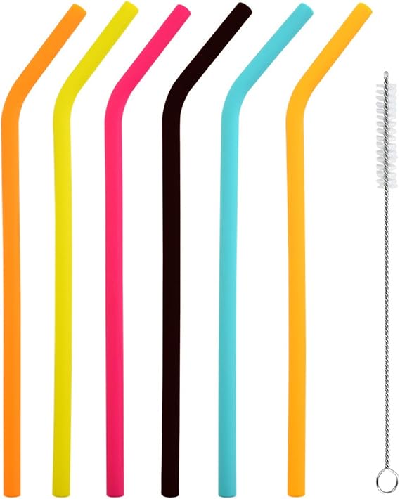 6 Pack Silicone Reusable Straws, with Cleaning Brush(6 Bent)