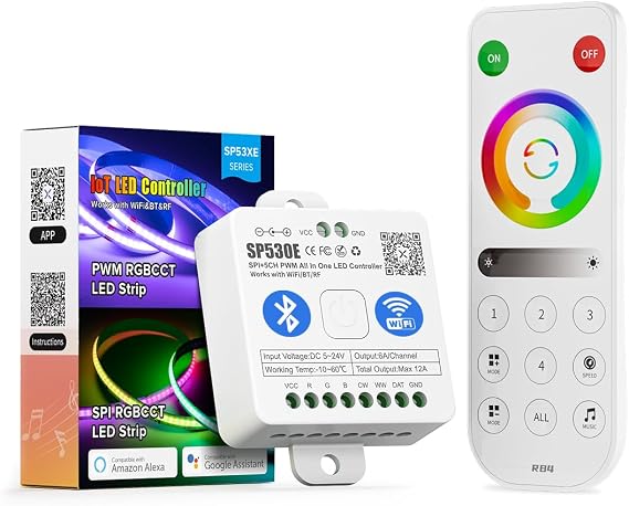 BTF-LIGHTING SP530E WiFi Alexa Bluetooth Controller 4-Zone RB4 Remote Kit | 2.4GHz WiFi, APP & RF Remote, For COB SMD PWM or SPI RGBCCT RGBWW LED Strip WS2805 WS2811 DC5V/12V/24V, For Smart Home
