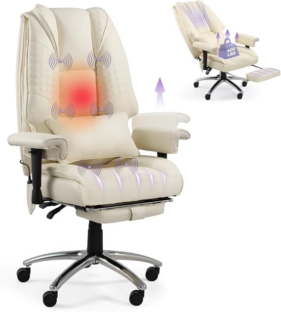 Reclining Executive Office Chair with Foot Rest, Vibration Massage & Heated Leather Chair w/Adjustable Arms for Home Office, High Back Desk Chair for Lower Back Pain Relief, Beige