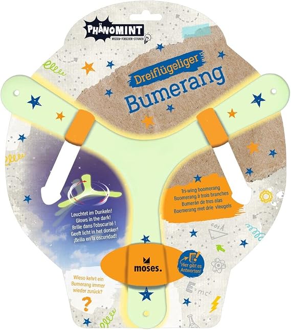 moses. 30320 PhänoMINT Boomerang Throwing Game for Children Glow in the Dark Boomerang Three Wings and with Exciting Information Glow-in-the-Dark (Pack of 1)