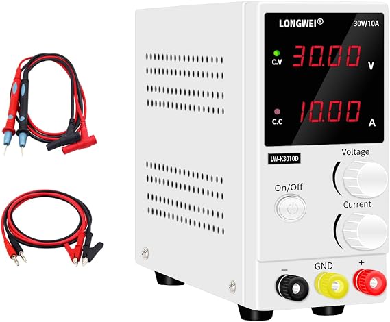 LONGWEI DC Power Supply Variable 30V 10A, 4-Digital LED Display, Precision Adjustable Regulated Switching Power Supply Digital with Alligator Leads US Power Cord