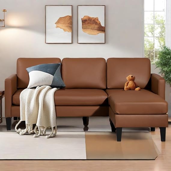 GlasFlength Modern L-Shaped Sectional Leather Sofa - Convertible Sofa Bed, Brown, 22.83"W x 22.83"D x 5.51"H