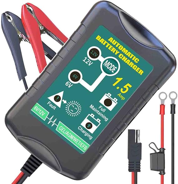 6V 12V 1.5A Battery Charger, Fully Automatic, Smart Trickle Charger, Battery Maintainer for Car, Automotive, Motorcycle, Lawn Mower, Marine, Boat, ATV, SLA AGM Gel Lead Acid Battery