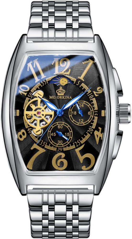 Gold Case Big Square Dial Automatic Wrist Watch Men Skeleton Mechanical Watch Stainless Steel Band Male Watch, silver black, Business