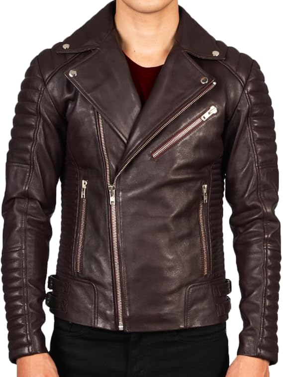 2025-26 Genuine Leather Biker Jacket for Men - 100% Lambskin Leather Biker Brown Vintage Jacket...