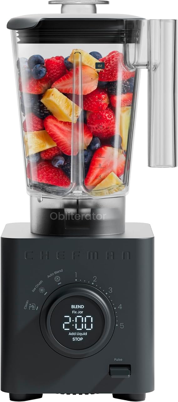 Chefman Obliterator 48 oz Countertop Blender for Smoothies, 1380W Motor to Crush Ice,Nuts & Frozen Fruit with Stainless Steel Blade Auto Blend Function, Includes Tamper & Scraper-MIDNIGHT(Pack of 1)
