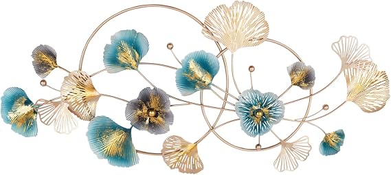 DouSeiAi Home Metal Wall Decor, 3D Golden Ginkgo Leaf Wall Hanging Decor with Frame, Golden Metal Art Wall Sculpture for Living Room, Office, Study