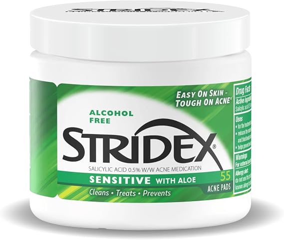 Stridex Sensitive Acne Pads with Aloe, Alcohol Free, Salicylic Acid, 55 Ct | Acne treatment for sensitive skin, mild acne. Face cleansing pads with 0.5% salicylic acid and aloe to gently treat acne