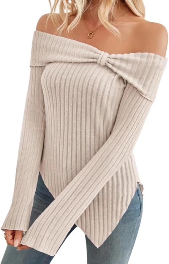 Womens Tunic Top Cute Bow Off Shoulder Knitted Sweater Shirt Tops Sexy Side Slit Pullover Trendy Y2k Clothes