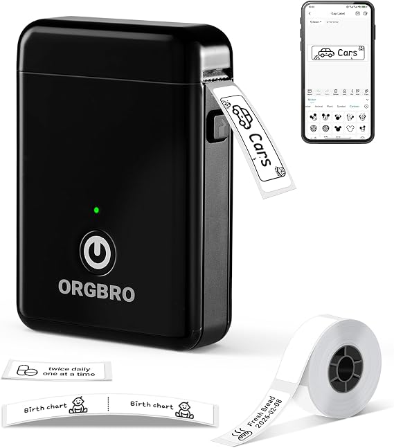 ORGBRO Label Maker Machine with Tape, X1 Bluetooth Mini Label Printer | Fits Pre-Cut & Continuous Waterproof Label, Rich Templates APP, Inkless, Portable Sticker Maker, for School, Home, Office
