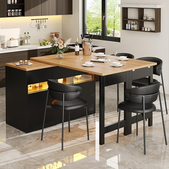 Extendable Bar Table with LED Lighting & 360° Swivel | Adjustable 120-180 cm Modern Kitchen Island Table with Storage | Smart Multifunctional Sideboard, Dining & Work Table (Black-LED)