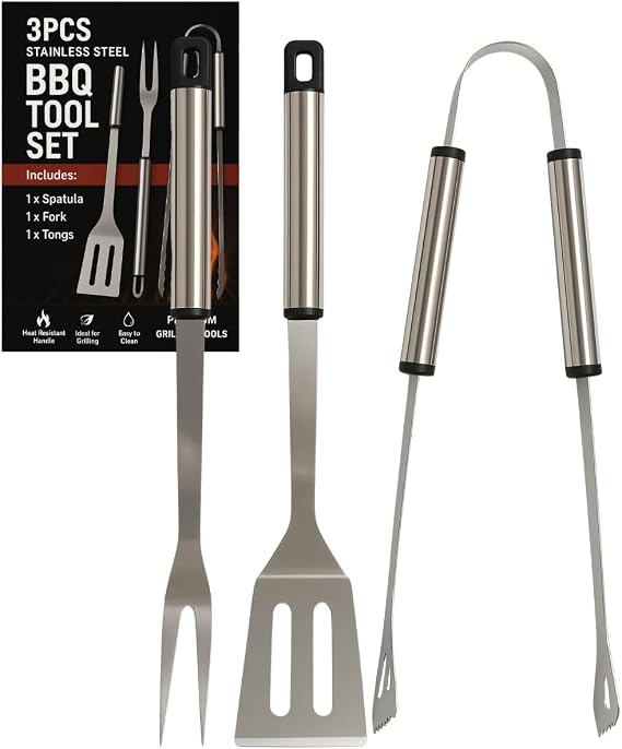 BBQ Tongs Set | BBQ Tool Spatula Fork Tongs Barbecue Grill Tool Sets | 3pcs Stainless Steel | Grill Utensils Equipment Tools Set Barbecue Accessories Camping Utensils Kit
