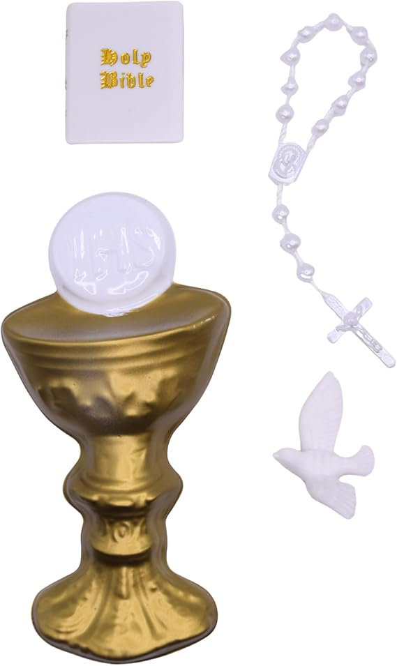 Oasis Supply First Holy Communion Cake Topper Kit 4-Piece Religious Cake Decoration Set with Chalice & Host, Rosary, Dove and Mini Bible Food-Safe Plastic Communion Decor