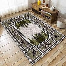 Vintage Buffalo Plaid Area Rug, 5x8ft, Rustic Cabin Pine Cone Pattern Rug, Country Lodge Nature Plants Rugs, Soft Floor Rug Non-Skid Carpets for Living Room Farmhouse Indoor Floor Mat