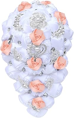 Waterfall Wedding Bouquet Bride and Bridesmaid Silk Rose Rhinestone DIY Hand Bouquet Party Church Decoration CheerfullyPink