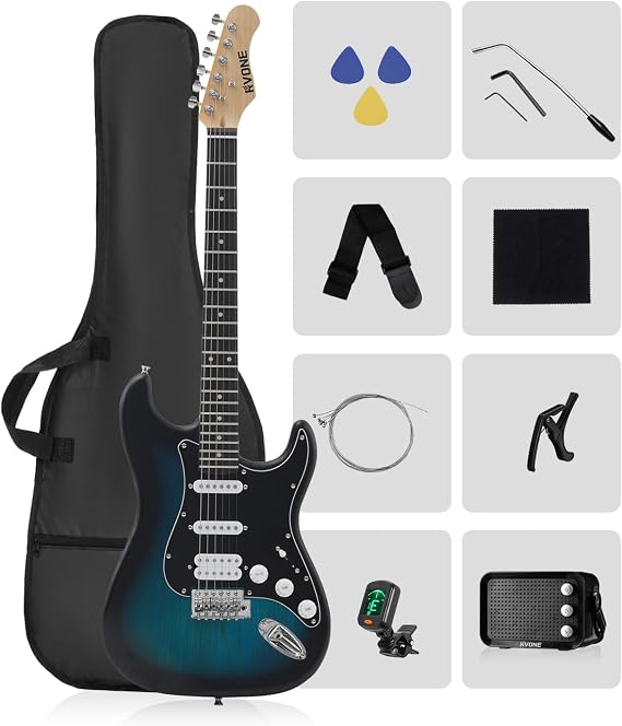RVONE RST-150 39" Beginner Electric Guitar Kit with Amp & HSS Pickups | Complete Starter Set for Newcomers w/Essentials | Gig Bag, Extra Strings, Digital Tuner, Capo, Strap | Home Practice