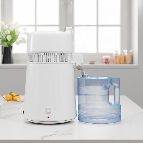 6L Countertop Water Distiller, 110V 900W Distilled Water Maker Machine, Stainless Steel Housing, Plastic Container, for Home Office Lab Aquarium, White
