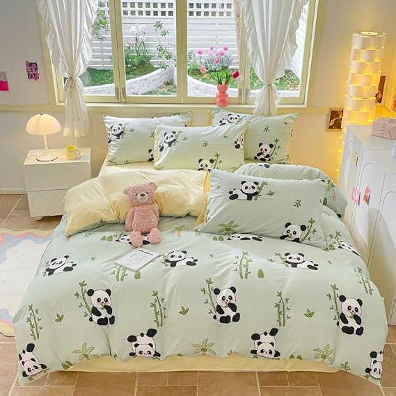Kimko Washed Cotton Kawaii Black and White Panda Duvet Cover Set,Kids Cute Washable Cotton Bedding Set,Gentle,Soft,Home Cozy and Breathable 3Pcs:1 Duvet Cover+2 Pillowcase (# 11, Full-71''X87'')
