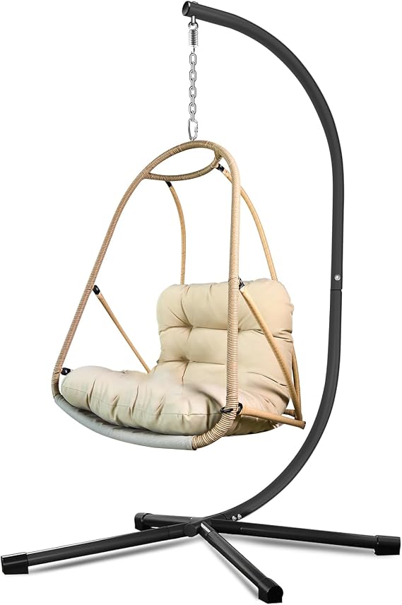 JESE Swing Egg Chair Foldable Frame Hanging Chairs, UV Resistant Waterproof Cushion and Cup Holder,Swing Hammock Chairs for Patio,Bedroom,Balcony, Garden-350lbs, Stand Included, Brown