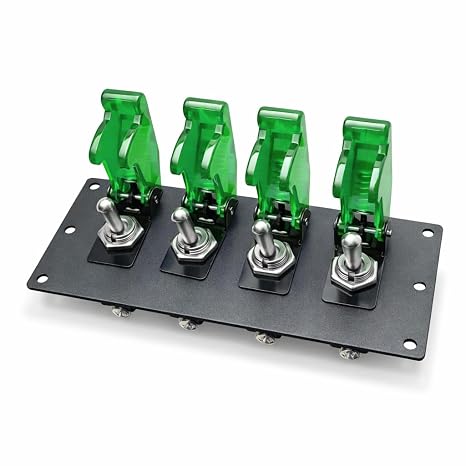 MGI SpeedWare 4 Gang Toggle Switch Panel for Automotive & Truck, Powder Coat Steel Black, Safety Flip Covers (Green)