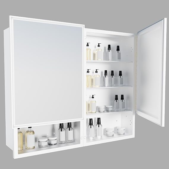32 x 26 Inches Bathroom Medicine Cabinet with Mirror, Double Door Wall Mounted Mirror Cabinet, Surface or Recessed Mount White Bathroom Storage Cabinet
